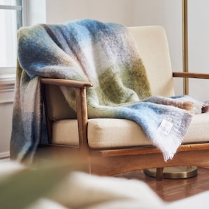 Mohair Throw Blanket Wool Blanket Boho Plaid Patterned Throw Blanket Woven in Ireland Green Blue Gray Irish Wool Blanket Checkered Eco Throw