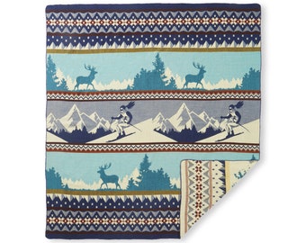 Blue Ski Adventure Southwestern Blanket | Reversible Queen Size Throw | Artisan Woven Winter Heritage Blanket | Luxury Cabin Decor