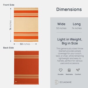 May include: A rectangular throw blanket, 50 inches wide and 74 inches long, with a cream-colored base and three horizontal orange stripes. The back side is solid orange. The blanket is lightweight, washable, and durable.