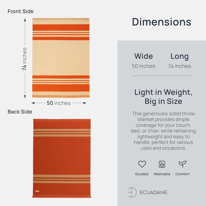 May include: A rectangular throw blanket, 50 inches wide and 74 inches long, with a cream-colored base and three horizontal orange stripes. The back side is solid orange. The blanket is lightweight, washable, and durable.