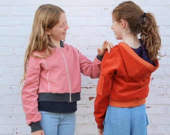 Kids Bomber Jacket PDF Sewing Pattern, Girls Hooded Crop Jacket Pattern, Lined Coat Pattern, Girls Size 2-16, Instant Digital Download