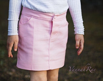 Girls Denim Mini Skirt Pattern, Woven Jean Skirt PDF Pattern, Zipper Fly (Size 7-16), Pull On (Size 2-6), Girls size 2-16, Digital Pattern