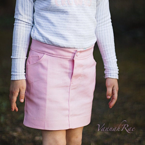 Girls Denim Mini Skirt Pattern, Woven Jean Skirt PDF Pattern, Zipper Fly (Size 7-16), Pull On (Size 2-6), Girls size 2-16, Digital Pattern