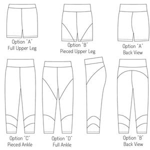 May include: A black and white technical line drawing showing various legging and short designs. The image displays options A, B, C, and D, featuring different leg lengths, pieced upper leg panels, and ankle details, including front and back views.
