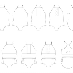 Pode incluir: Uma ilustração técnica de moda mostrando várias opções de design para um fato de banho de uma peça e um conjunto de biquíni. Os desenhos de linha exibem diferentes estilos de decote halter, detalhes de atacadores nas costas e cuecas de cintura subida.