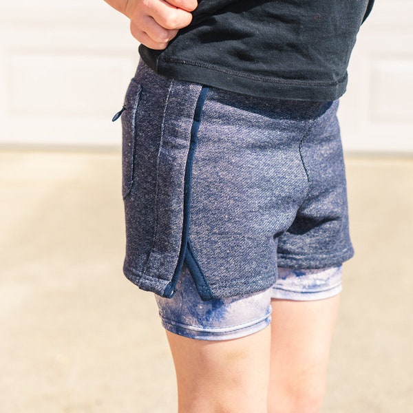 Girls Shorts Sewing Pattern: Side Split, Elastic Waist, Hidden Seams, Back Pocket Options, Optional Athletic Shorts Layer - PDF Download