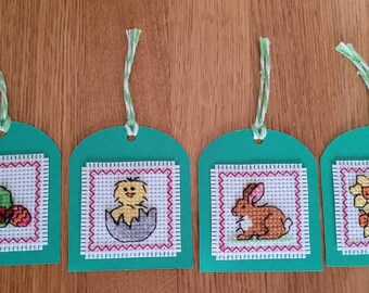 Set of 4 Handmade Cross Stitch Easter Gift Tags - Mixed designs
