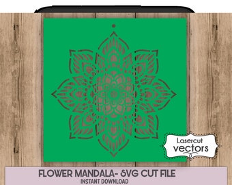 May include: A green square with a brown flower mandala design. The text "Flower Mandala - SVG Cut File" and "Instant Download" are at the bottom. The words "Lasercut vectors" are in a white label in the upper right corner.