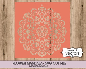 May include: A coral pink digital download file for a flower mandala design. The design is intricate and detailed, with a white outline. The text "Lasercut vectors" is in a white box with a black outline. The text "FLOWER MANDALA - SVG CUT FILE" is in black text on a light gray background. The text "INSTANT DOWNLOAD" is in black text on a light gray background.
