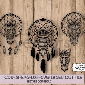 Plik do cięcia Dreamcatcher z sową SVG EPS DXF ai eps, dla Cricut i Silhouette, dream catcher svg, dream catcher svg, owl svg, wzór wycinany laserowo