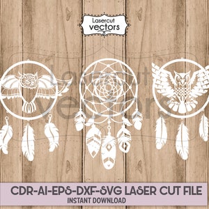 3 Dreamcatchers Bundle SVG EPS DXF ai eps, dla Cricut i Silhouette, łapacz snów svg, łapacz snów sowa svg, pióro svg, wzór wycinany laserowo