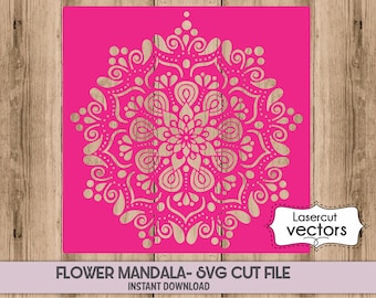 May include: A pink digital cut file of a white flower mandala design. The design is intricate and detailed, with a variety of shapes and patterns. The text "FLOWER MANDALA - SVG CUT FILE" and "INSTANT DOWNLOAD" is at the bottom of the image.