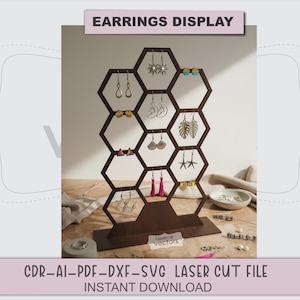 Espositore per orecchini in piedi SVG, organizzatore di gioielli, file tagliati al laser. (Download digitale)