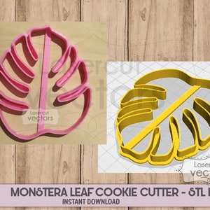 May include: A digital download of a Monstera leaf cookie cutter STL file. The image shows a pink and yellow 3D model of the cookie cutter.