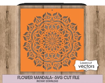 May include: Orange flower mandala design for laser cutting. The design is intricate and detailed, with a circular pattern of flowers and leaves. The design is perfect for creating decorative wall art, home decor, or other crafts.