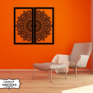 May include: A black laser cut mandala design in a double frame on an orange wall. A light gray chair with a white throw blanket is in the foreground. The text "Lasercut vectors" is in the lower left corner of the image.