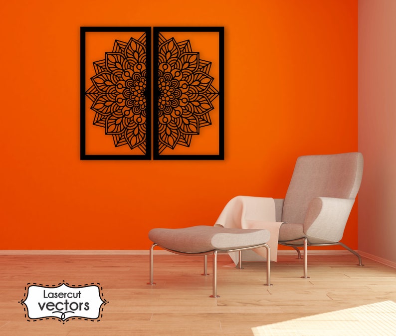 May include: A black laser cut mandala design in a double frame on an orange wall. A light gray chair with a white throw blanket is in the foreground. The text "Lasercut vectors" is in the lower left corner of the image.