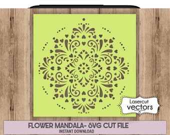 May include: A green digital cut file of a flower mandala with a heart pattern. The file is labeled "Lasercut vectors" and "FLOWER MANDALA - SVG CUT FILE INSTANT DOWNLOAD".