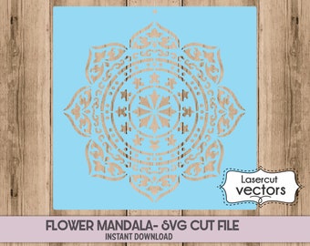 May include: A light blue digital download file featuring a detailed flower mandala design. The mandala is a circular pattern with intricate details and a floral motif. The design is perfect for laser cutting and creating decorative crafts.