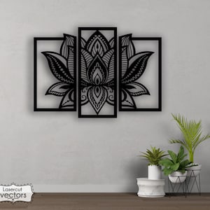 Fiore di loto mandala wall art svg, dxf, EPS, file AI e PDF. file di taglio al plasma, wall art dxf, file tagliati al laser, file Glowforge, pannello Mandala in formato svg