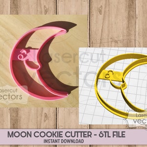 Puede incluir: Un cortador de galletas de luna de plástico rosa con un pequeño mango. El cortador se muestra sobre una superficie de madera junto a una representación 3D del cortador en amarillo. El texto "Lasercut vectors" es visible en la imagen.