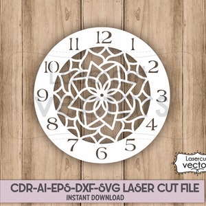 Wall Clock Filigree Mandala Templates Digital Cut Files Svg Dxf Ai Eps Home Decor Laser cut Metal Wood Cutting CNC Plasma.Mandala clock svg