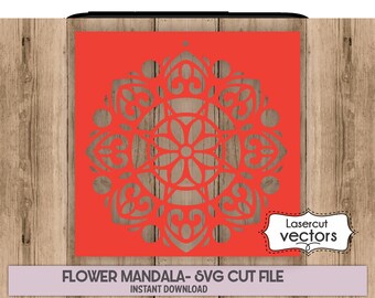 May include: A red square with a detailed, intricate, gray flower mandala design. The text "Lasercut vectors" is in a black box with a white border.