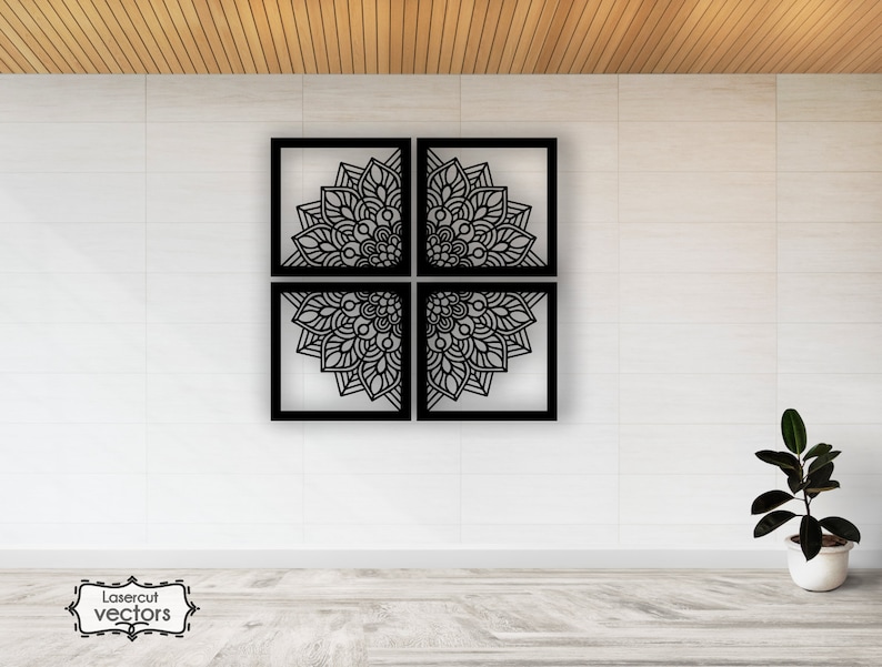 May include: A set of four black square wall decor panels with intricate mandala designs. Each panel features a different section of the mandala, creating a cohesive and visually appealing design.