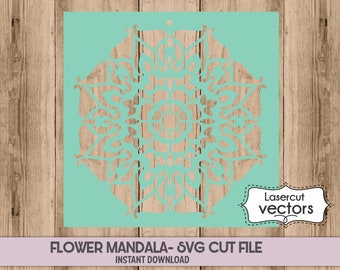 May include: A teal blue digital file for a laser cut flower mandala design. The design is intricate and detailed. The text "Lasercut vectors" is in a black box with a white outline.