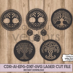 May include: Five black and white circular designs of Celtic knotwork tree of life patterns. The designs are on a woodgrain background. The text "Lasercut vectors" and "CDR-AI-EPS-DXF-SVG LASER CUT FILE INSTANT DOWNLOAD" is at the bottom of the image.