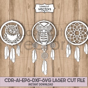 Plik do cięcia Dreamcatcher z sową SVG EPS DXF ai eps, dla Cricut i Silhouette, dream catcher svg, dream catcher svg, owl svg, wzór wycinany laserowo