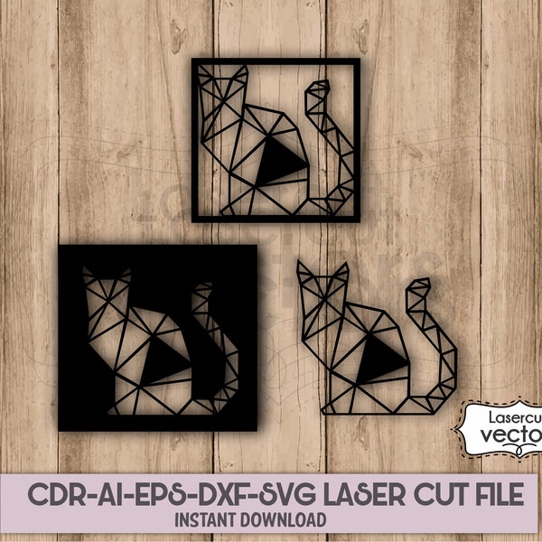 Polygonal Cat svg, Geometric Cat Wall art SVG, DXF, Eps,AI and cdr digital file bundle for Cutting Machines.panel svg. Laser cut template