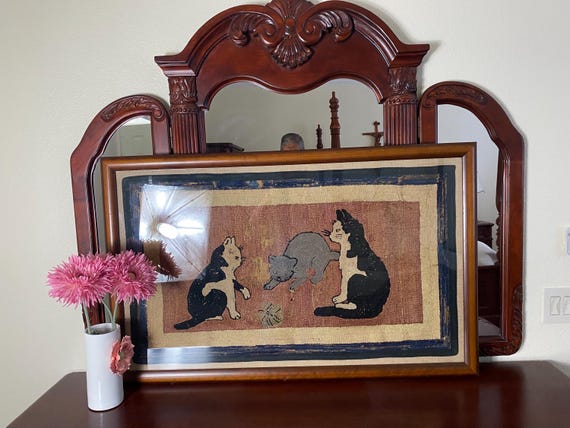 Vintage Framed Hand-Hooked Wool Rug - Cats