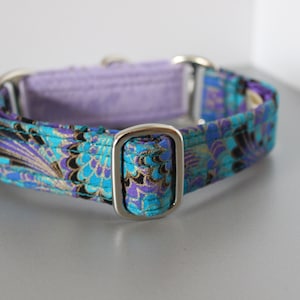READY NOW - No Waiting - Peacock Paisley 25mm (1&quot;) Width  X-Small Size Martingale Collar with Purple Velvet Loop