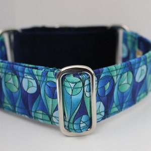 Buds Blue and Green: 38mm (1.5&quot;) width soft martingale dog collar with midnight blue velvet loop