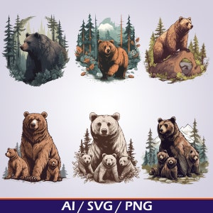 Beren SVG bundel digitale download, Mama beer met welpen illustraties, familie beer PNG Grizzly Bear in the Woods Outdoor Mountain Bears
