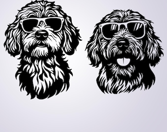 May include: Two black and white illustrations of a dog wearing sunglasses. The dog has a shaggy coat and is looking directly at the viewer.