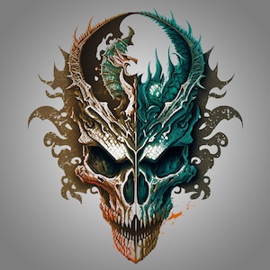 Dual Tone Horned Dragon Skull PNG Digital Download, Green and Gold Dragon Skull, Dragon Artwork Skull Instant Download, D&D inspired skull