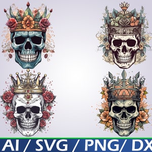 Skeleton King Skull Crown SVG Digital Download Bundle Skull SVG Skull Clip art skull wearing crown, skull king, sugar skull svg floral skull