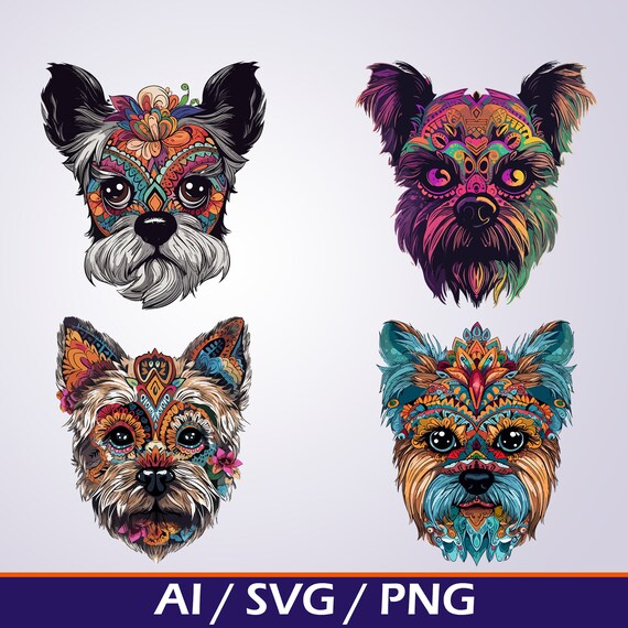 Colorful Yorkie Sugar Skull PNG Day of the Dead Instant Dog