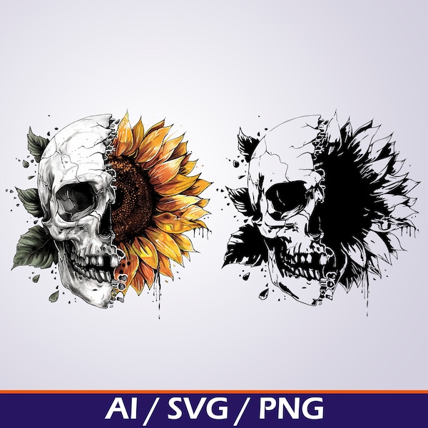 Sunflower Skulls SVG Digital Download Skull with Sunflowers PNG skull wall art printable instant download goth skull clip art