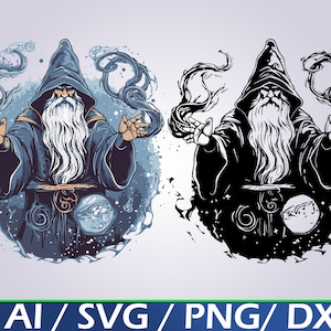 Puede incluir: Un mago con una larga barba blanca y un sombrero puntiagudo está lanzando un hechizo. Está rodeado de humo azul y negro que gira. La imagen está en un estilo vintage.