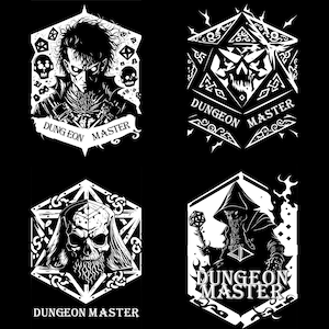 May include: Four black and white illustrations of dungeon masters. Each illustration features a different dungeon master with a unique design. The text "Dungeon Master" appears on each illustration.