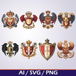 Medieval Heraldry Graphics: Vintage Coat of Arms, Shield Designs (SVG, AI, PNG)