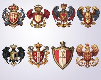 Middeleeuwse heraldiekafbeeldingen: vintage wapenschild, schildontwerpen (SVG, AI, png)