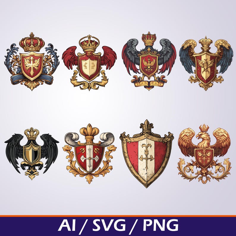 May include: Eight heraldic crest designs featuring crowns, shields, and wings in gold, red, and black. The crests have intricate details and are set against a light background. The bottom of the image has the text "AI / SVG / PNG".