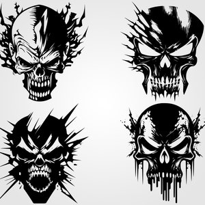 Peut inclure: Quatre illustrations de crânes en noir et blanc avec des designs différents. Chaque crâne a un fond unique, y compris un effet de projection, des bords tranchants et un design en dents de scie.