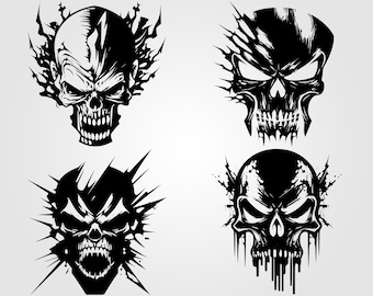 Puede incluir: Cuatro ilustraciones de cráneos en blanco y negro con diferentes diseños. Cada cráneo tiene un fondo único, incluyendo un efecto de salpicadura, bordes afilados y un diseño irregular.