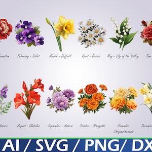 Birth Month Flower SVG Bundle Digital Download, birth flower png, botanical svg floral months of birth flower clip art birth month flowers