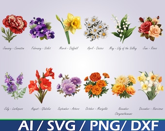 Birth Month Flower SVG Bundle: Botanical Floral Designs (Digital Download)